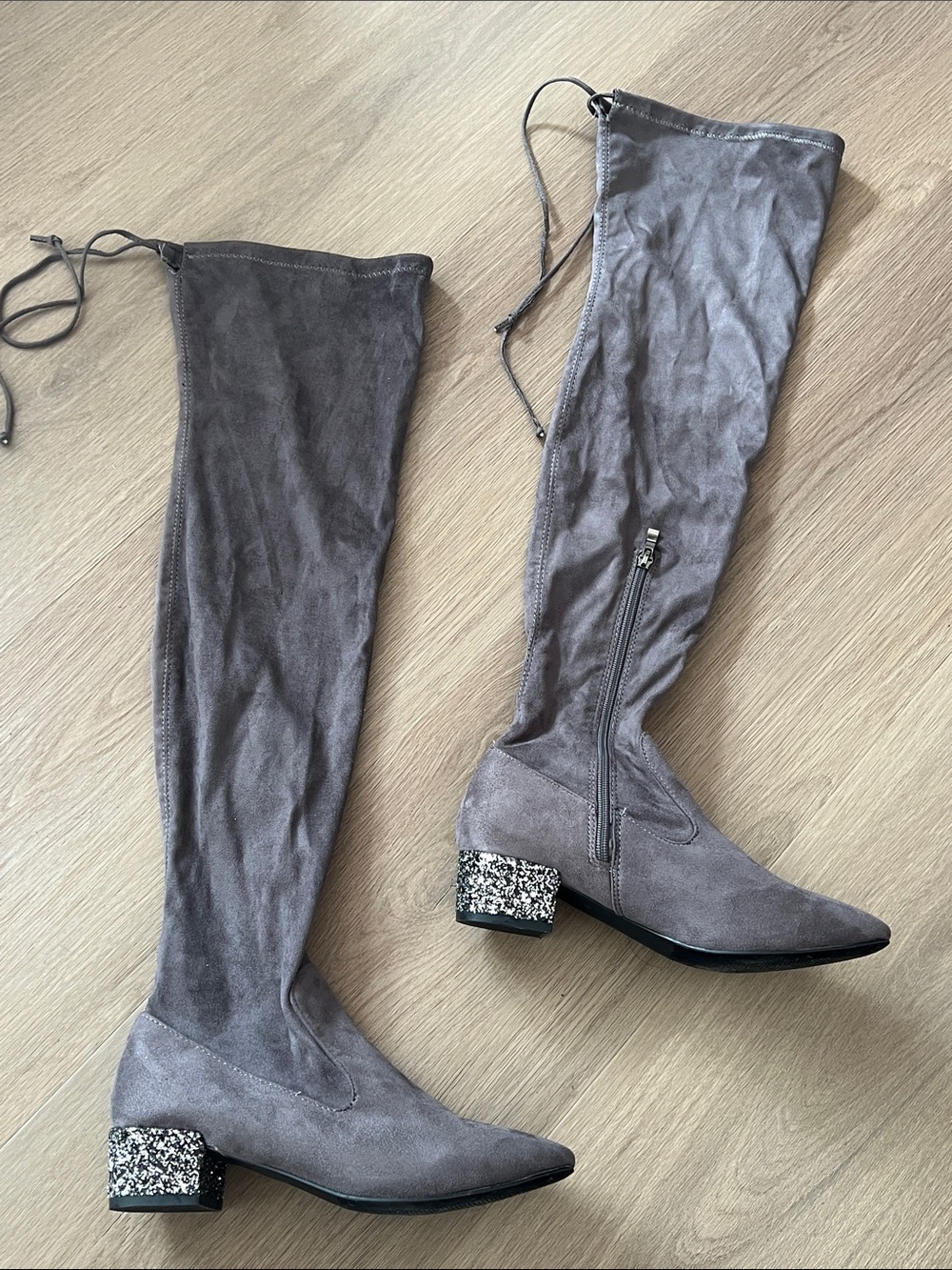 Catherine Malandrino Gray Suede Over-the-Knee Boots with Glitter Block Heel